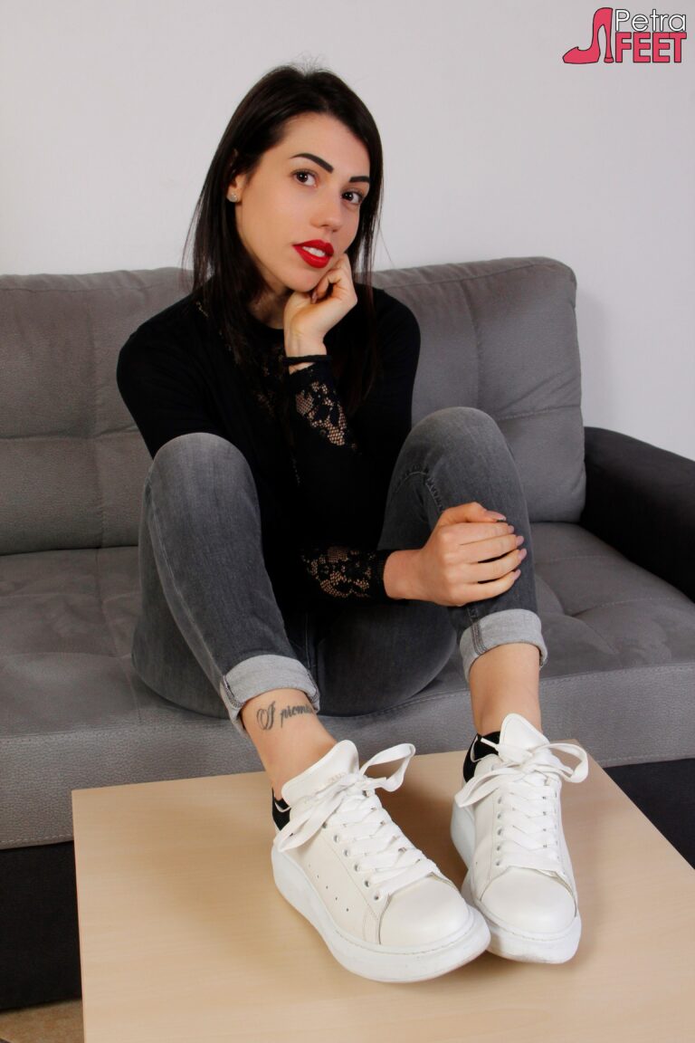 Gorgeous Petra shows her flawless feet in black smelly socks